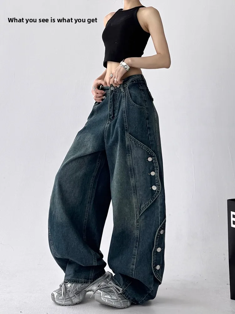 

Американские ретро-деконструированные лоскутные широкие джинсы, женские повседневные свободные прямые повседневные брюки с высокой талией, синие хлопковые эластичные брюки...