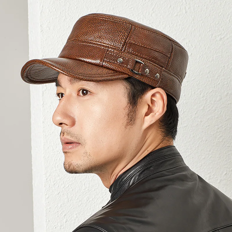 Cowhide Leather Hat For Men Winter Male Brown Genuine Leather Warm Earflap Windproof Outdoor Flat Top Cap Casual Gorras Hombre