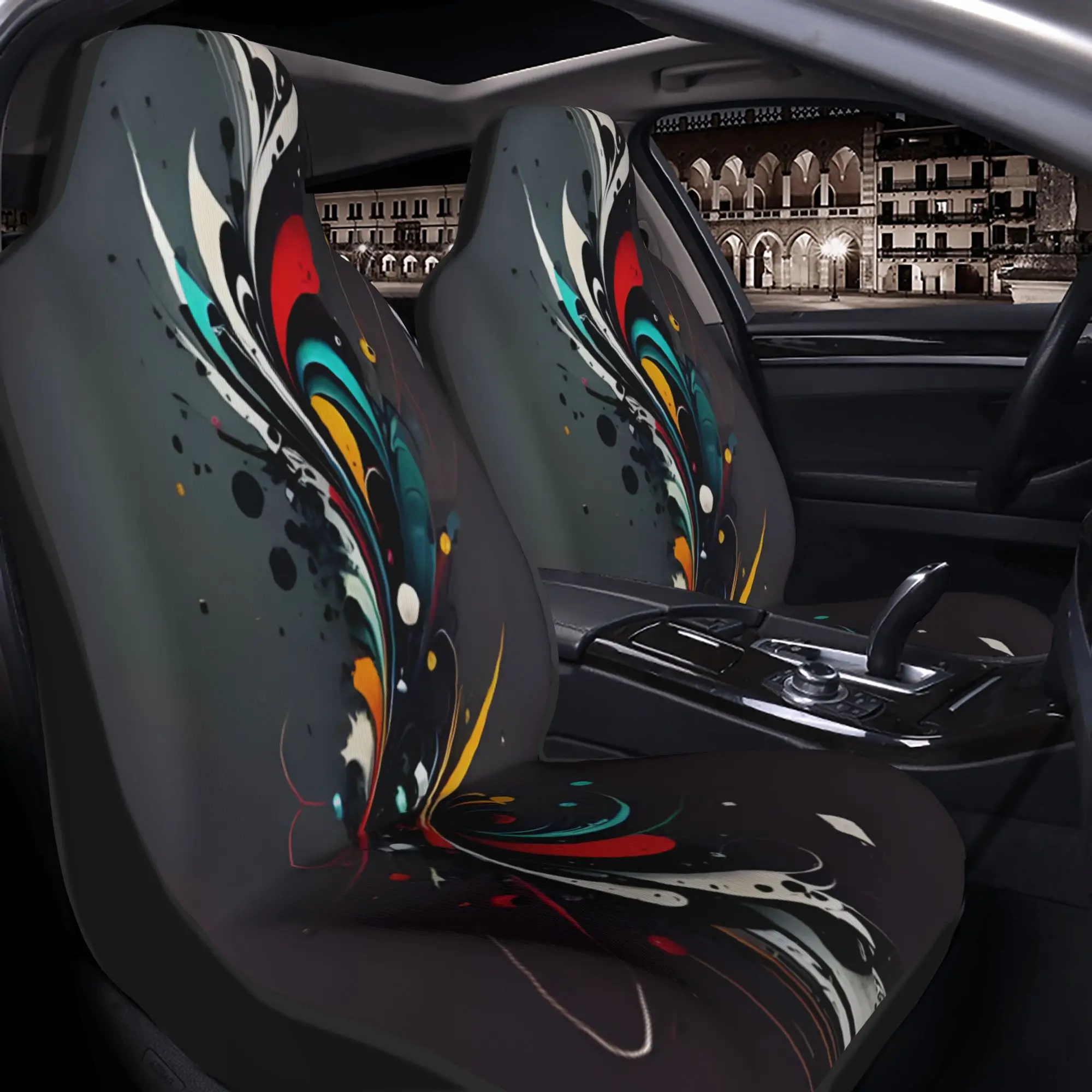 2pcs Vibrant Abstract Flowing Artwork With Dynamic Colorful Curves And Splashes On Dark Textured Background General Motors Car S