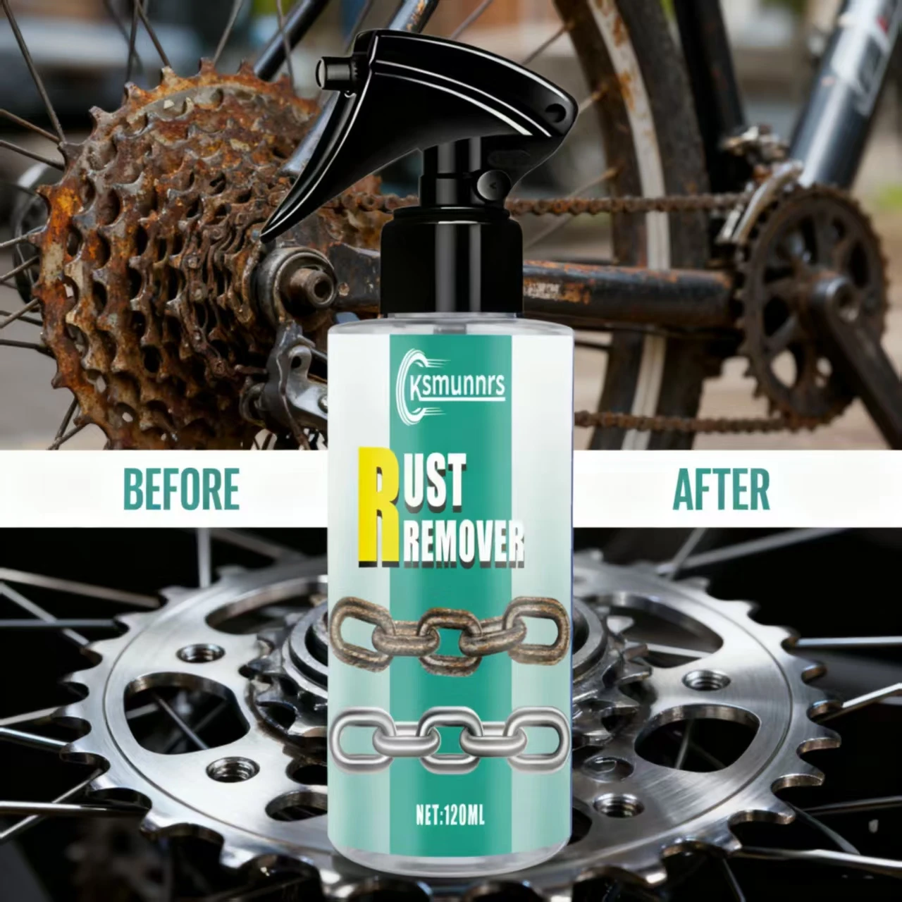 

Ksmunnrs 120ML Rust Remover, Multi-Purpose Metal Rust Inhibitor, Fast-Acting Rust Remover Spray for Bicycle Chains, Hardware