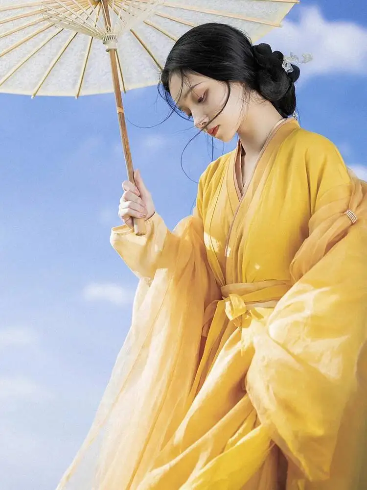 

Wei Jin Dynasty Style Hanfu For Women Yellow Ancient Costume Cross Collar Waist-Length Ru Skirt Ancient Style Fairy Dress