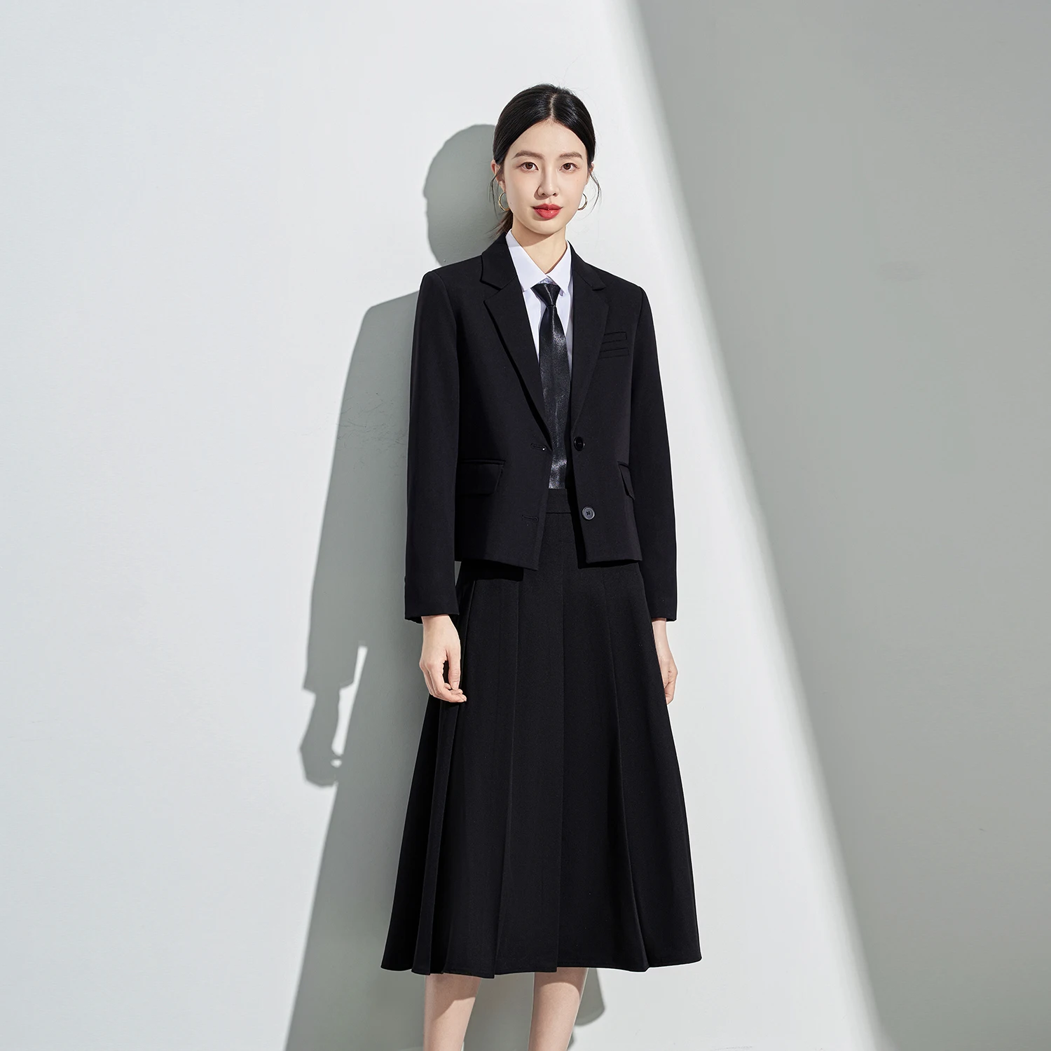 Navu outono elegante senhora do escritório ternos preto cinza gola entalhada manga longa moda profissional casual blazer e uma saia linha