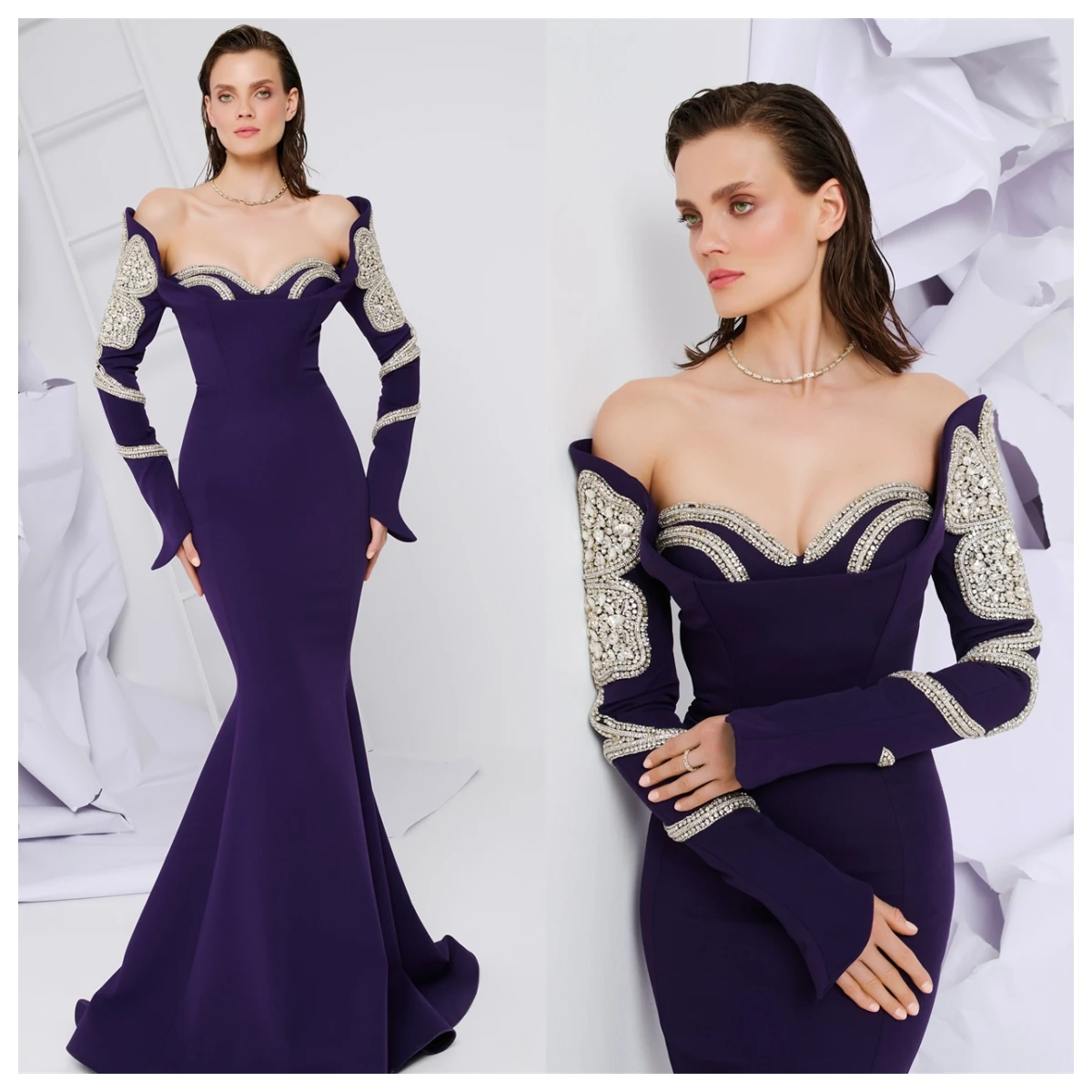 

Customized Exquisite Purple Jersey Evening Dress Boat Neck Off the Shoulder Long Sleeves Bespoke Occasion Gowns Bridal Party