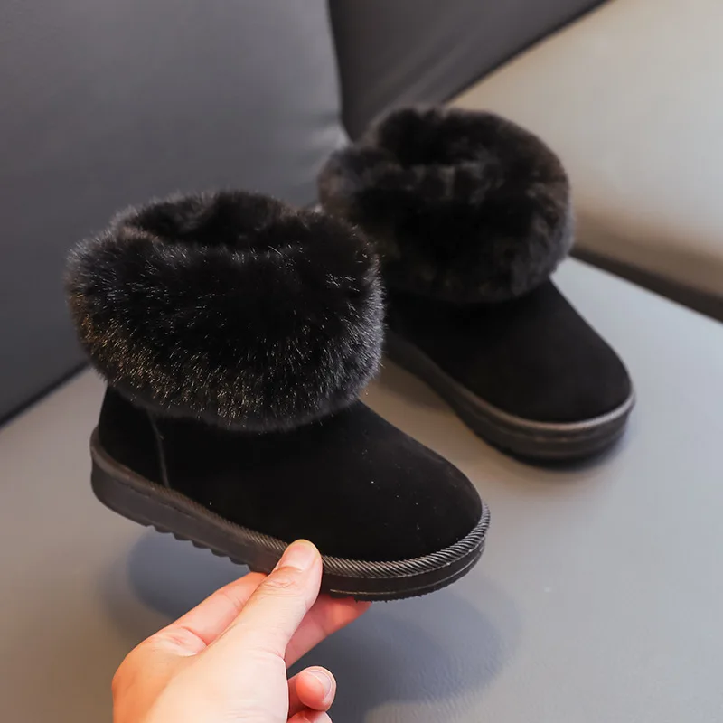 Boys Girls Autumn Winter Fleece-lined Snow Boots Kids Soft Sole Wear-resistant Cotton Boots Suede High-top Boots Baby Children