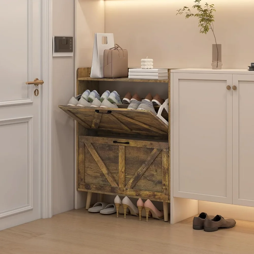 

Shoe Storage Cabinet with 2 Flip Drawers, Large Shoe Organizer Cabinet Hidden Rack Cabinet for Entryway with Wooden Legs,