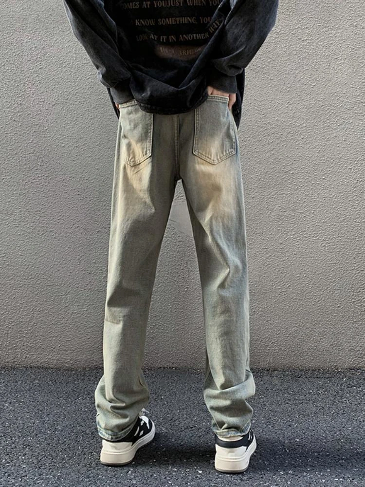 

Yellow Clay Thickened Denim Jeans Men's Spring Autumn Straight Leg Pants High Street Style Retro American Fashion Trendy