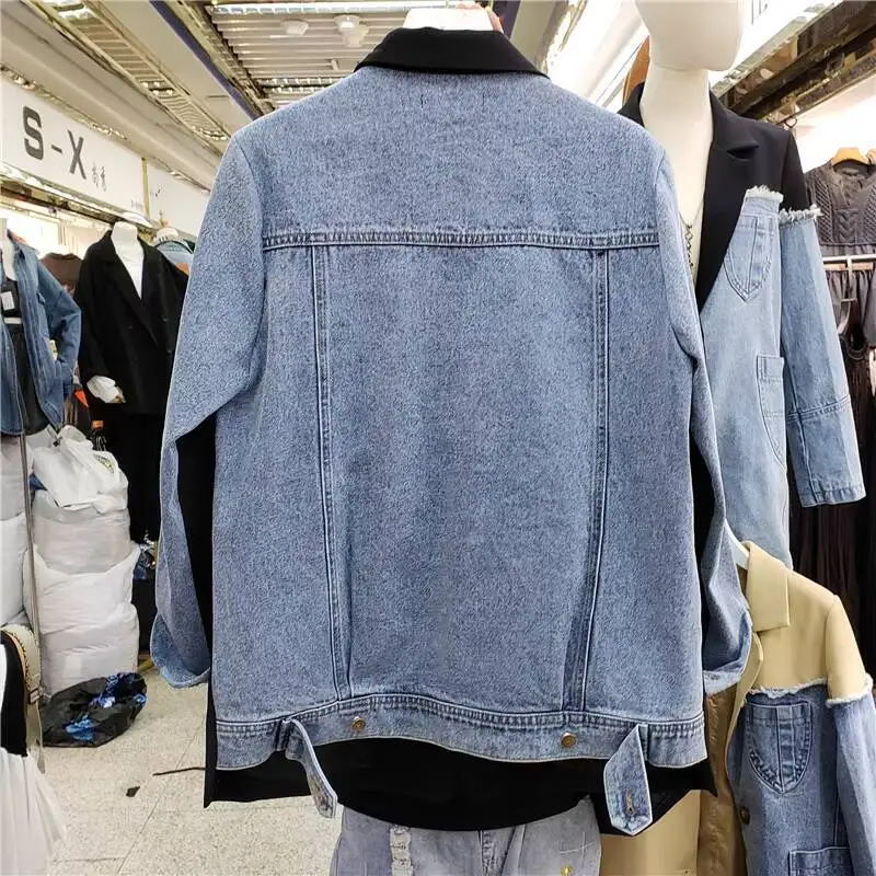 Anjy outono nova moda feminina coreano versátil cor-bloco personalidade denim retalhos blazers casuais streetwear chique ins a16435
