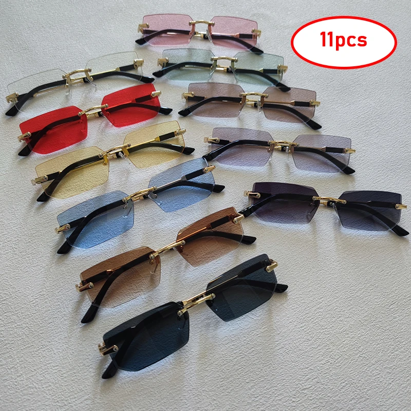 11pcs/Set Fashion Rimless Rectangle Sunglasses For Men Women Trendy Small Frame Square Sun Glasses Summer Outdoor Shades