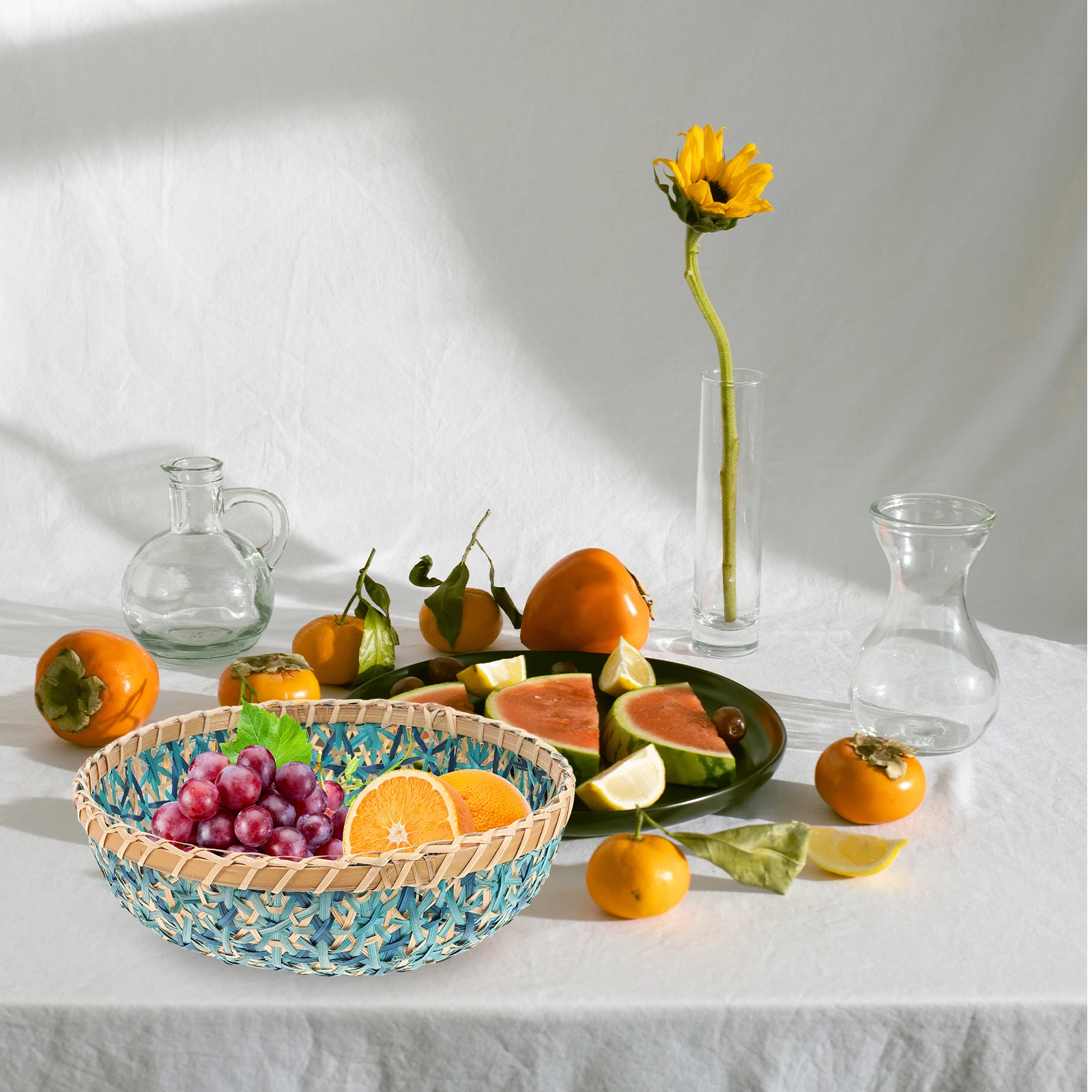 

1Pcs Woven Storage Tray Bamboo Fruit Basket Portable Food Holder for Kitchen Living Room Bedroom Desktop Decor Home