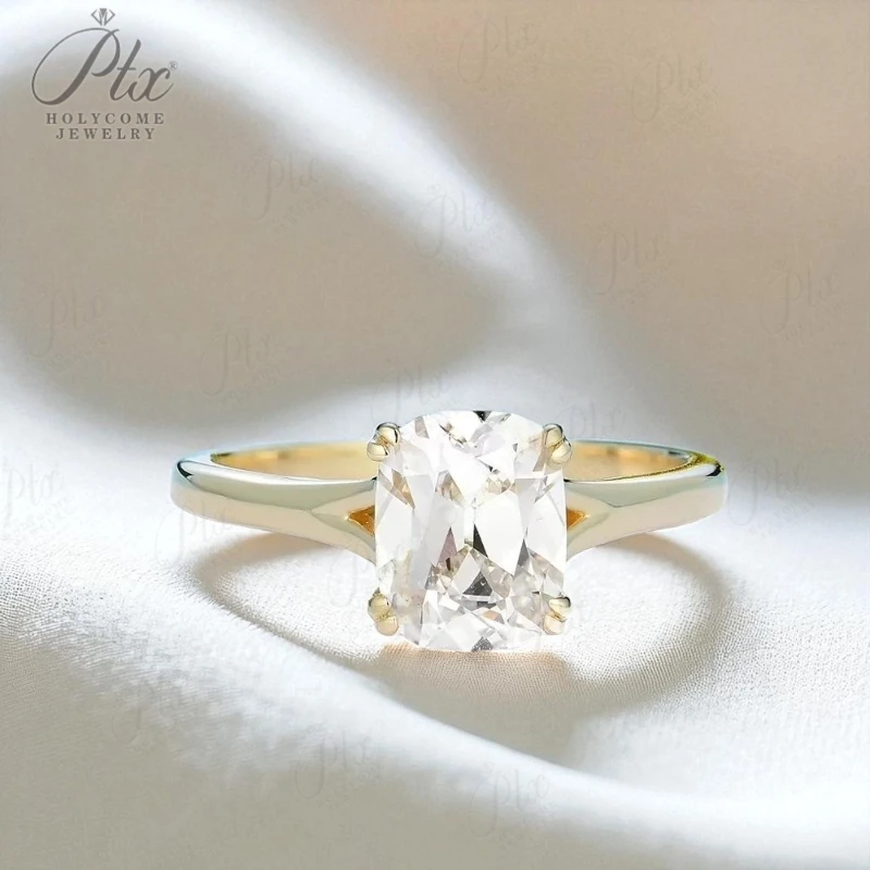 

PTX Moissanite Rings 3CT OMC Enlonged Cushion for Women PT950 Solid 14K 10K Yellow Gold for Engagement Wedding Christmas