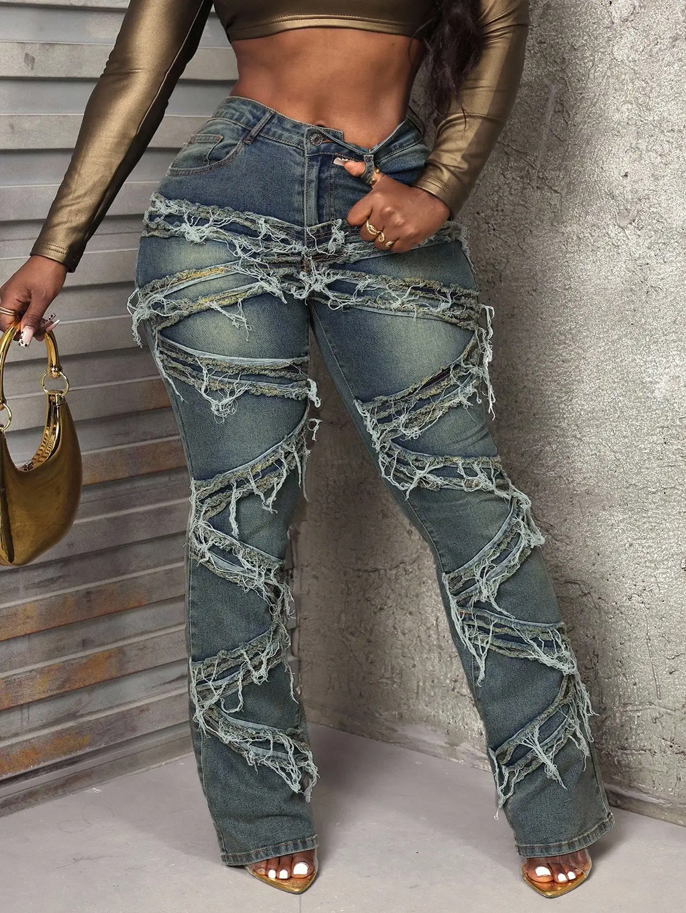 

Джинсы-клеш Y2K больших размеров для женщин, повседневные джинсовые брюки в уличном стиле с эффектом потертости