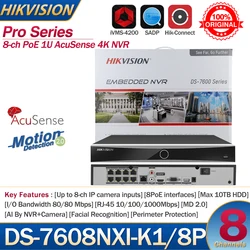 Hikvision NVR 8-ch PoE 1U AcuSense 4K NVR DS-7608NXI-K1/8P 8-ch Camera inputs Network Video Recorder Support Third-party Camera