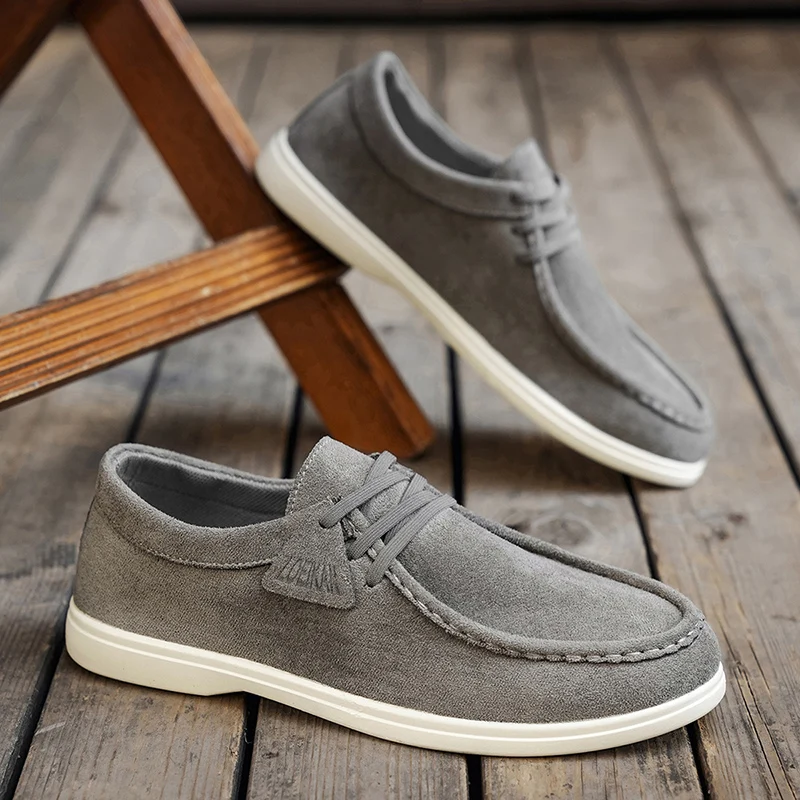 Korean Style Men's Suede Loafers - Gray/Beige Soft Sole Breathable Casual Shoes Lightweight Daily Wear