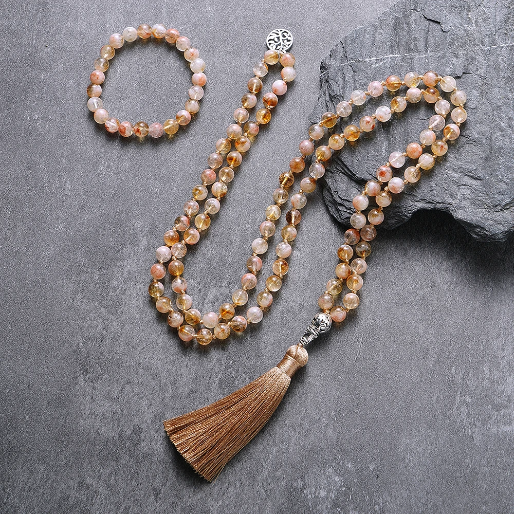 8mm Citrine Knot 108 Mala Beaded Necklace Bracelet Set Meditation Yoga Prayer Jewelry Japamala Rosary for Men and Women view 5