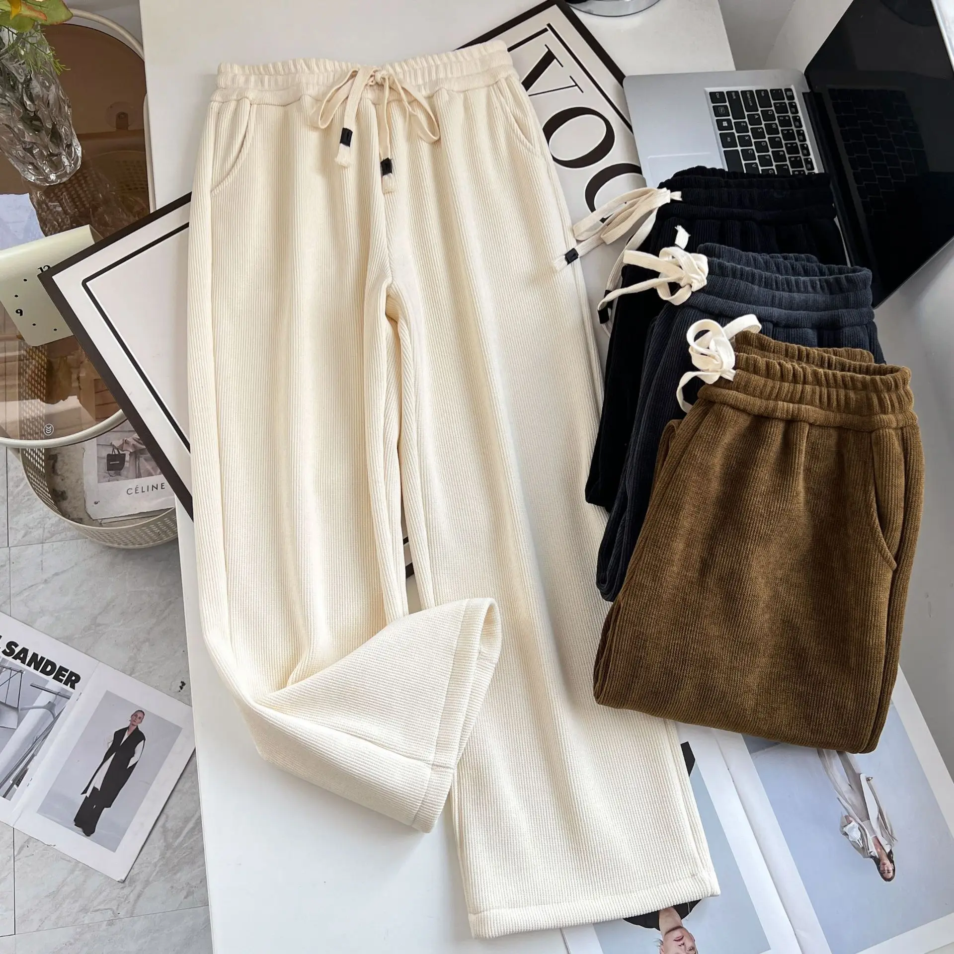 حجم كبير حجم كبير المرأة الخريف الشتاء مستقيم الساق السراويل صوف مبطن بناطيل تدفئة غير رسمية للفتيات الثقيلة XXL XXXL XXXXL