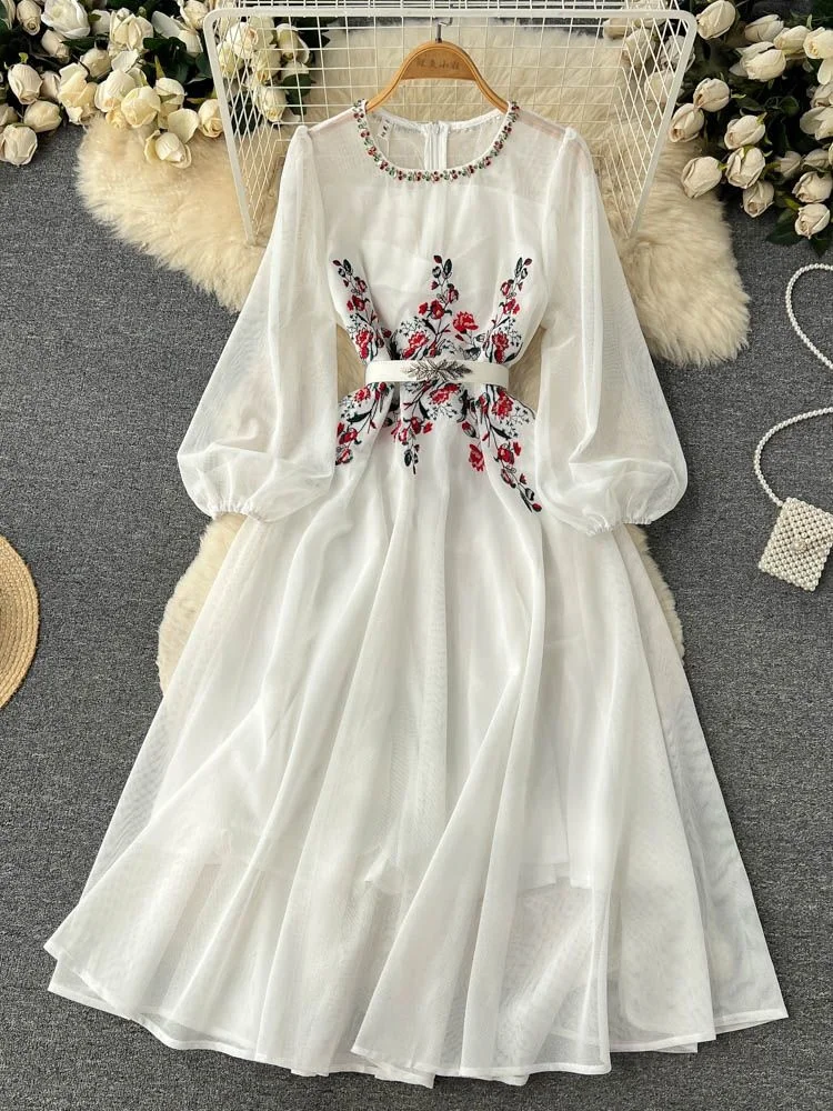 Summer Flower Embroidery Dresses Women's Mesh Beading Diamonds See Through Long Puff Sleeve Belt Elegant Holiday Party Vestido