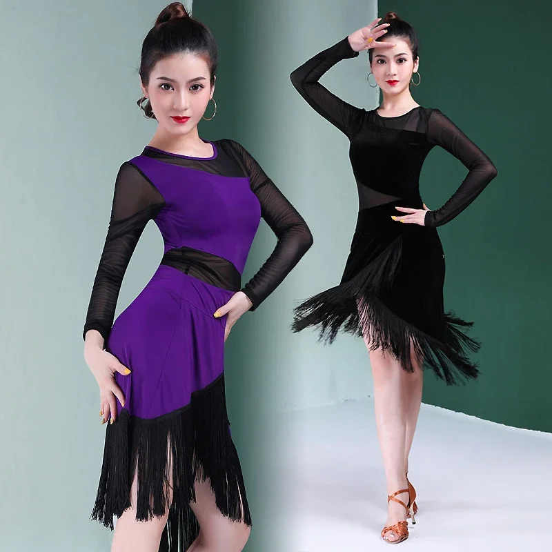 Women's Long Sleeve Latin Dance Dress Professional Competition Sexy Perspective Fringe Skirt Purple Female Dance Suit Dresses