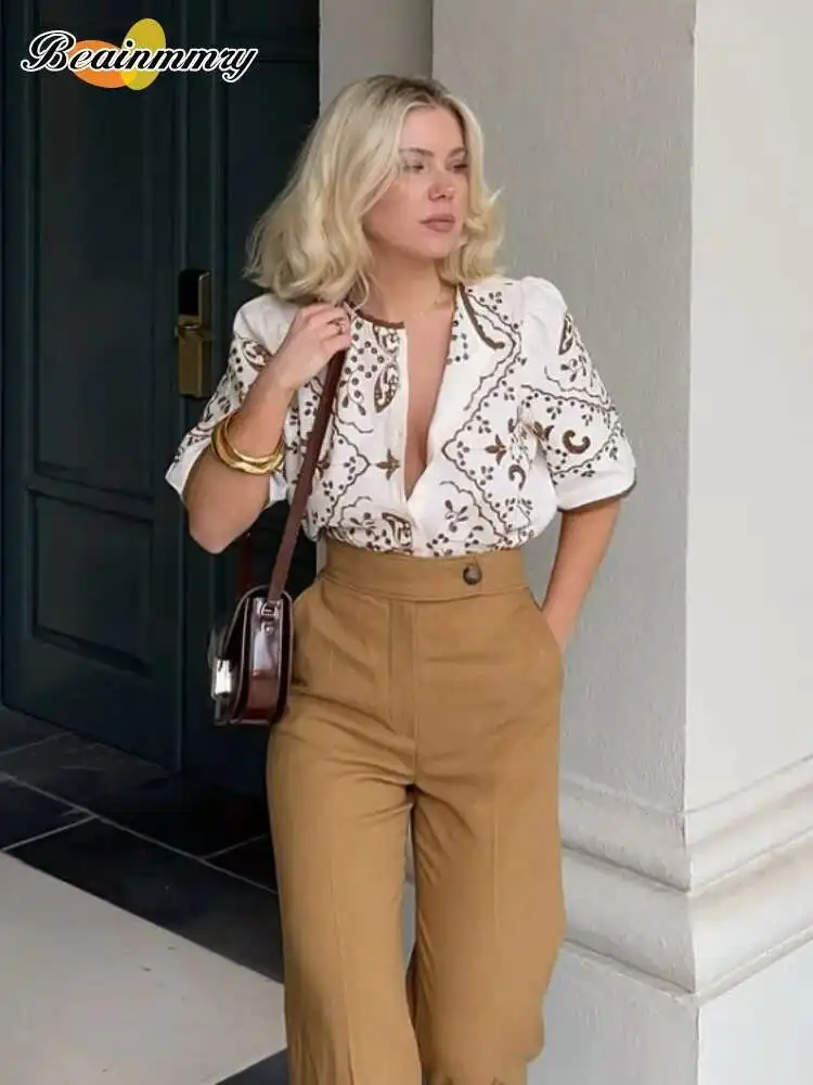 خمر جولة الرقبة قصيرة الأكمام بلوزة مطبوعة موضة واحدة الصدر المرقعة القمم جديد أنثى BabYoungHighstreet قميص 2025