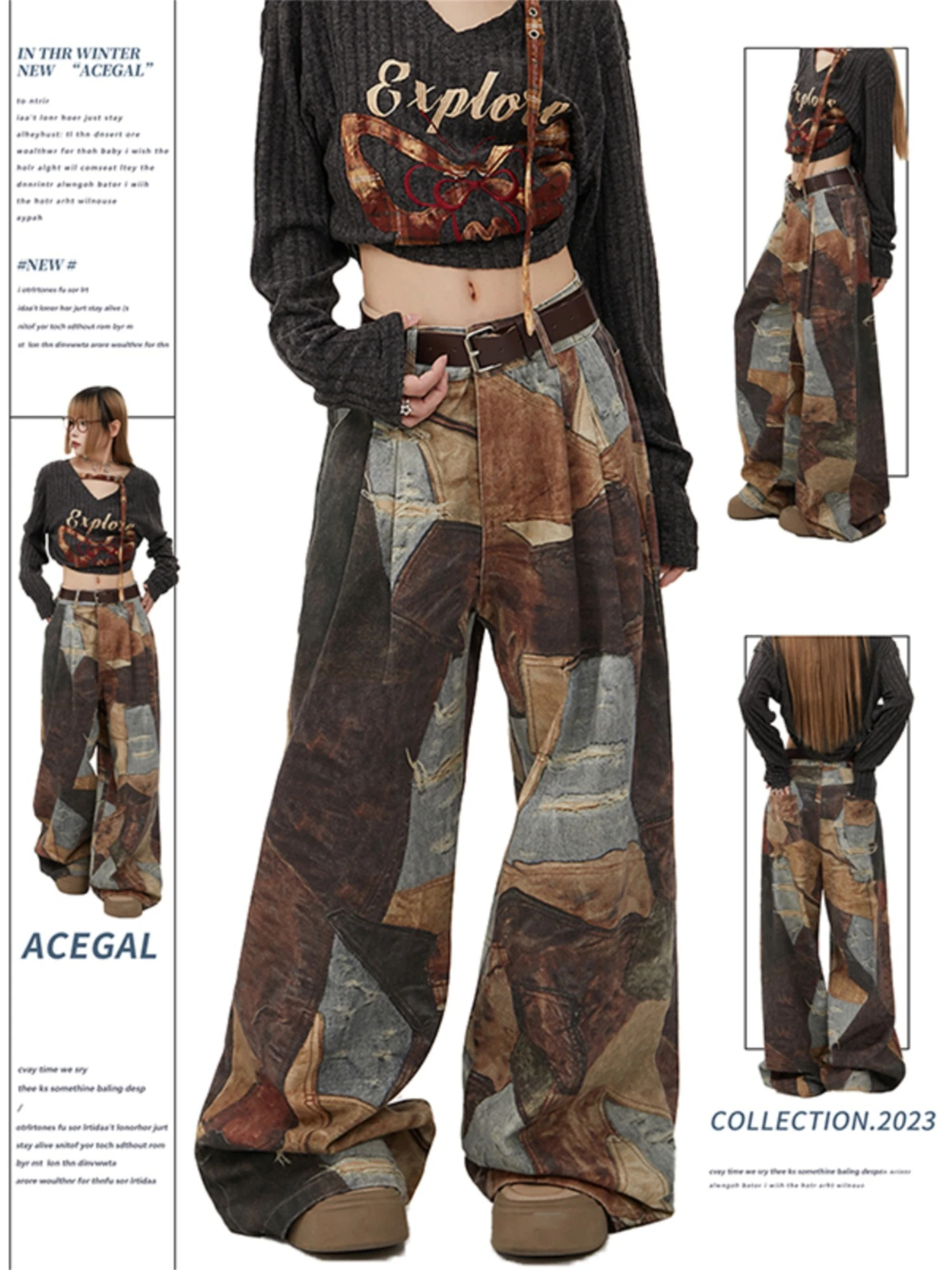 

Women's High Waist Wide Leg Patchwork Jeans Vintage Washed Distressed Multi - Color Retro Y2K Streetwear Denim Trousers