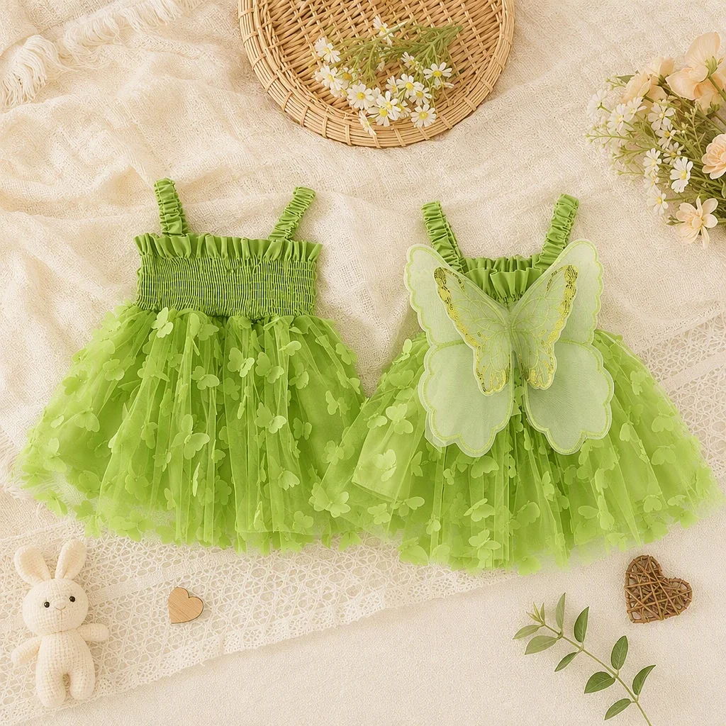 New Baby Girls Birthday Party Evening Dresses Summer Butterfly Wings Children Clothes Sweet Colorful Toddler Kids Costume