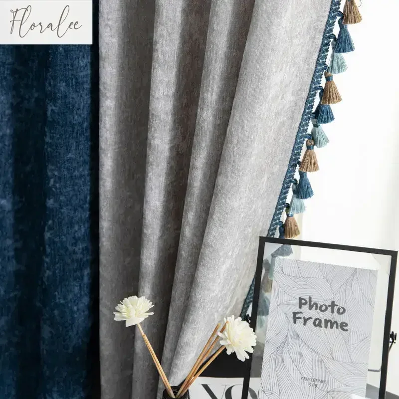 Nuevas cortinas opacas de lujo europeas para sala de estar dormitorio doble Color gris chenilla mosaico borla encaje tul personalizar