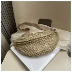 Half Moon Straw Woven Bag Pocket Phone Bag Anti-theft Woven Handbag Large Capacity Portable Adjustable Sports Pouch Women