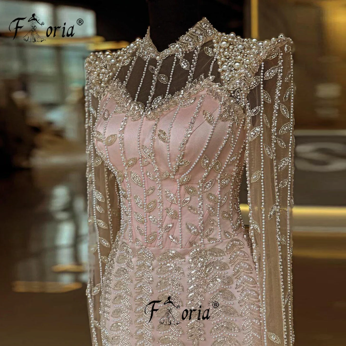 Gorgeous Full Beading Pearls Dubai Evening Dresses Long Sleeve Floor Length Arab Wedding Party Gowns vestidos de ocasión formale