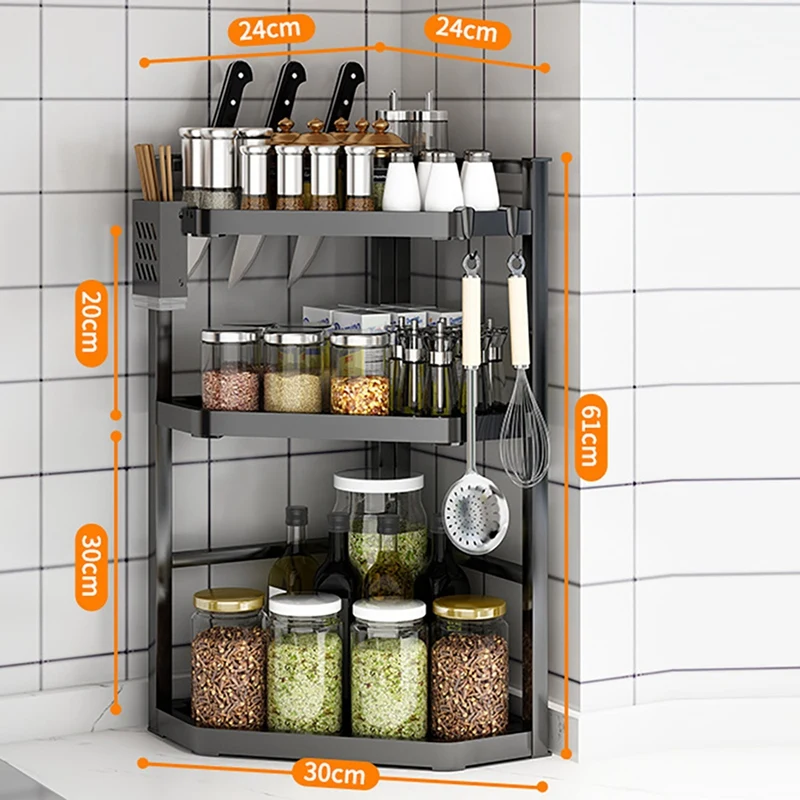 ABHG Black Stainless Steel Spice Rack Multifunctional Spice Rack Seasoning Storage Rack Kitchen Organizer Rack