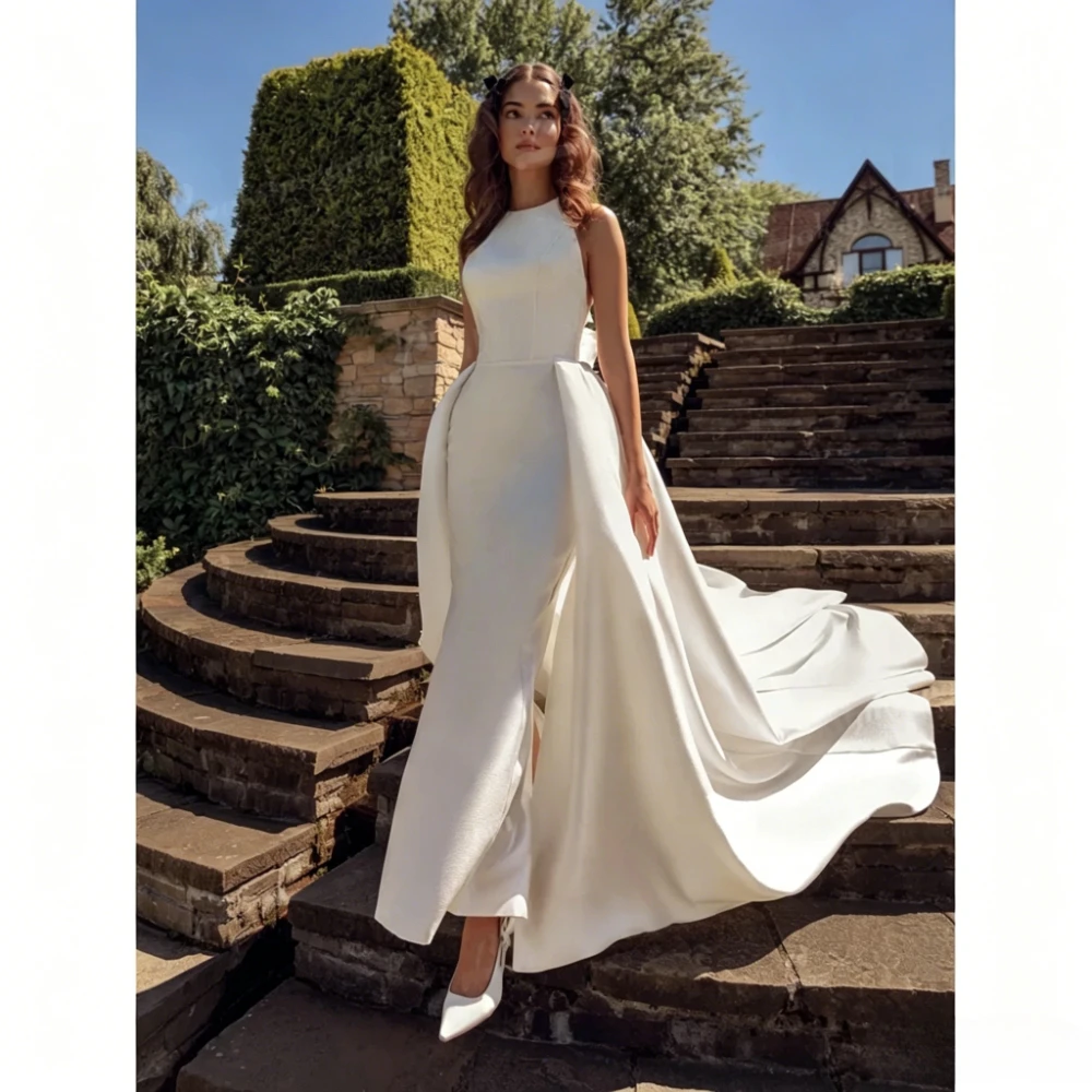 Customized Boho Mermaid Wedding Dress Halter O Neck Sleeveless 3D Floral Back Decor  Detachable Satin Trail Bridal Gown