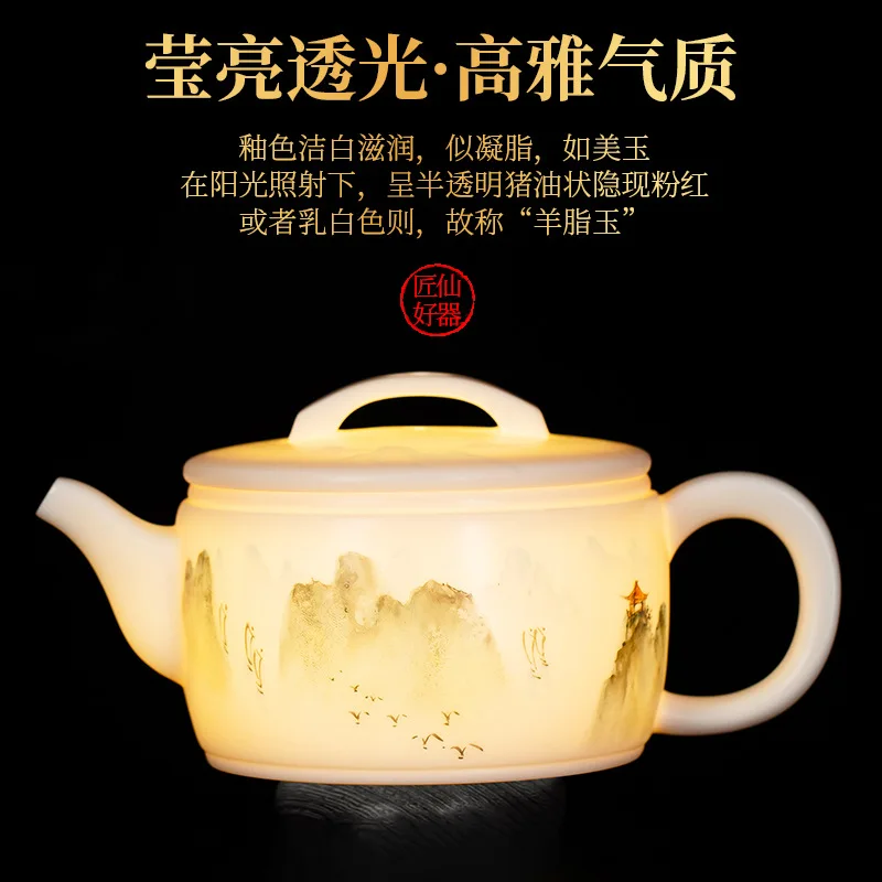 Chinese style hand-painted Han tile teapot, plain fired sheep fat jade porcelain teapot, single pot, high-end household teapot,