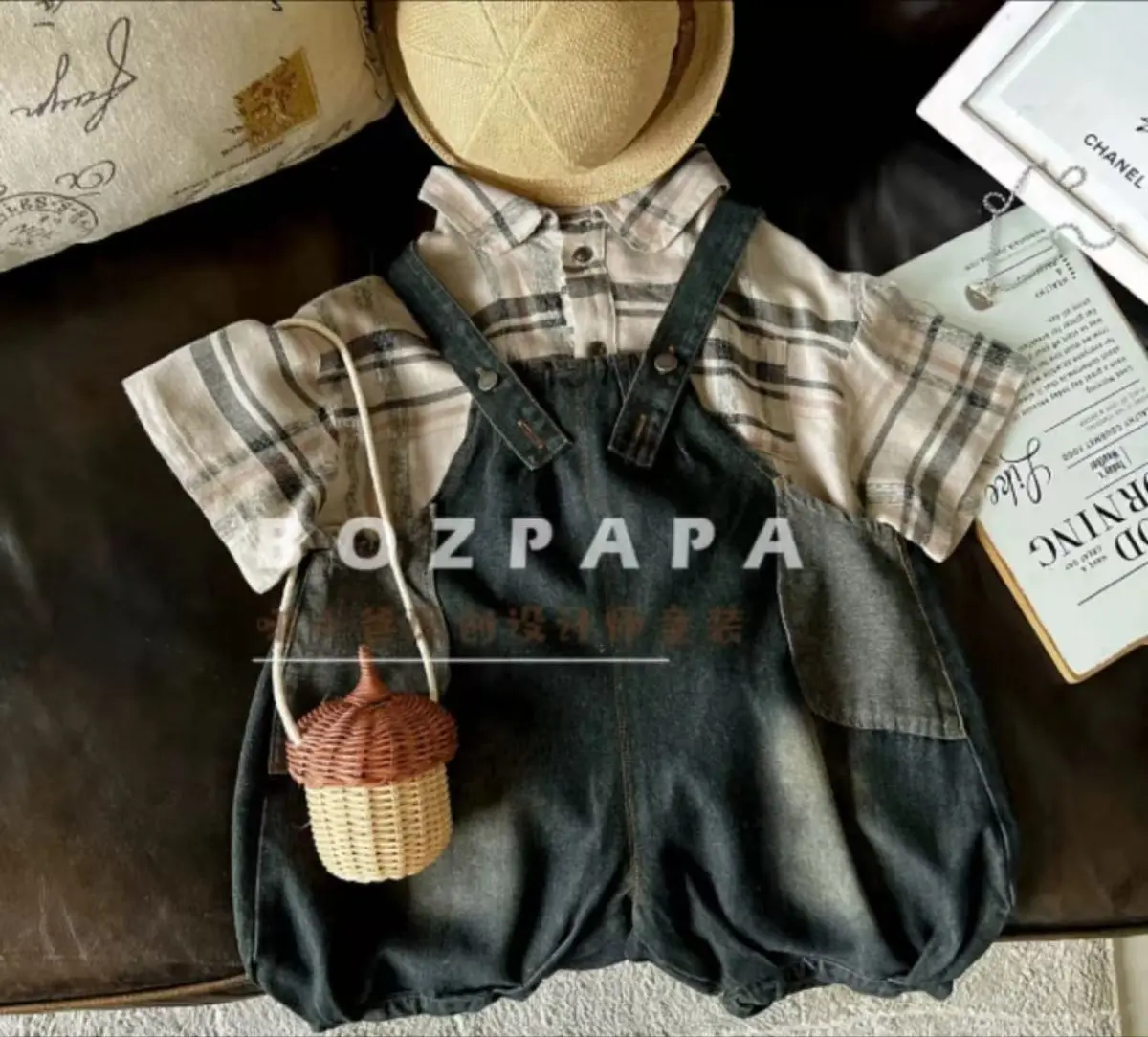 Children's Summer Set Fashionable New Boys' and Girls' Cowboy Strap Pants+Plaid Shirt Two Piece Set
