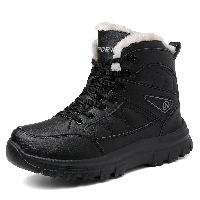 Botines de cuero para hombre, botas de nieve cálidas de felpa, antideslizantes, impermeables, para senderismo, Invierno