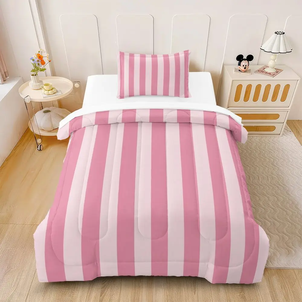 Pink Vertical Stripe Print Comforter Set Quilt Bedding Set Pillowcase Sweet Girls All Season Soft Bedding Cover