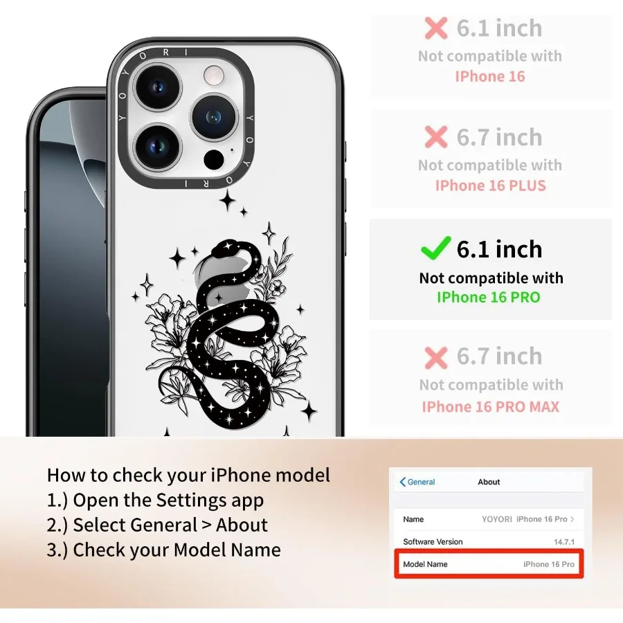 iPhone 16 Pro ケース - [6.6フィートの軍事グレード落下保護] [剥がれ防止技術] クリアブラックTPUバンパーケース (A Snake)