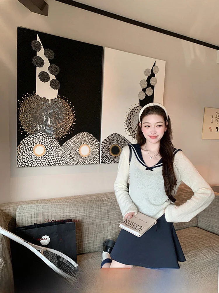 

the Peach Official Serbian Walk Lazy Sle Knitted Sweater And ter Dr Set Women's Autumn Long Sve Navy Collar Two-Pi...