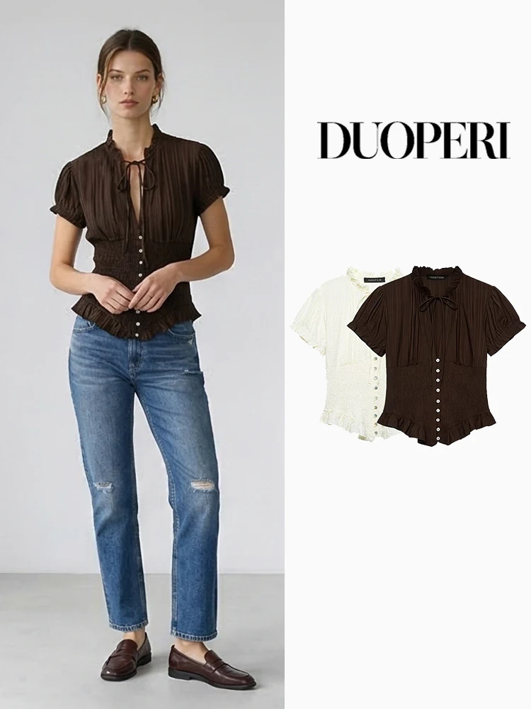 

DUOPERI Women Fashion Pleated Single Breasted Blouse Tops Vintage Lapel Neck Short Sleeves Female Chic Lady Shirts