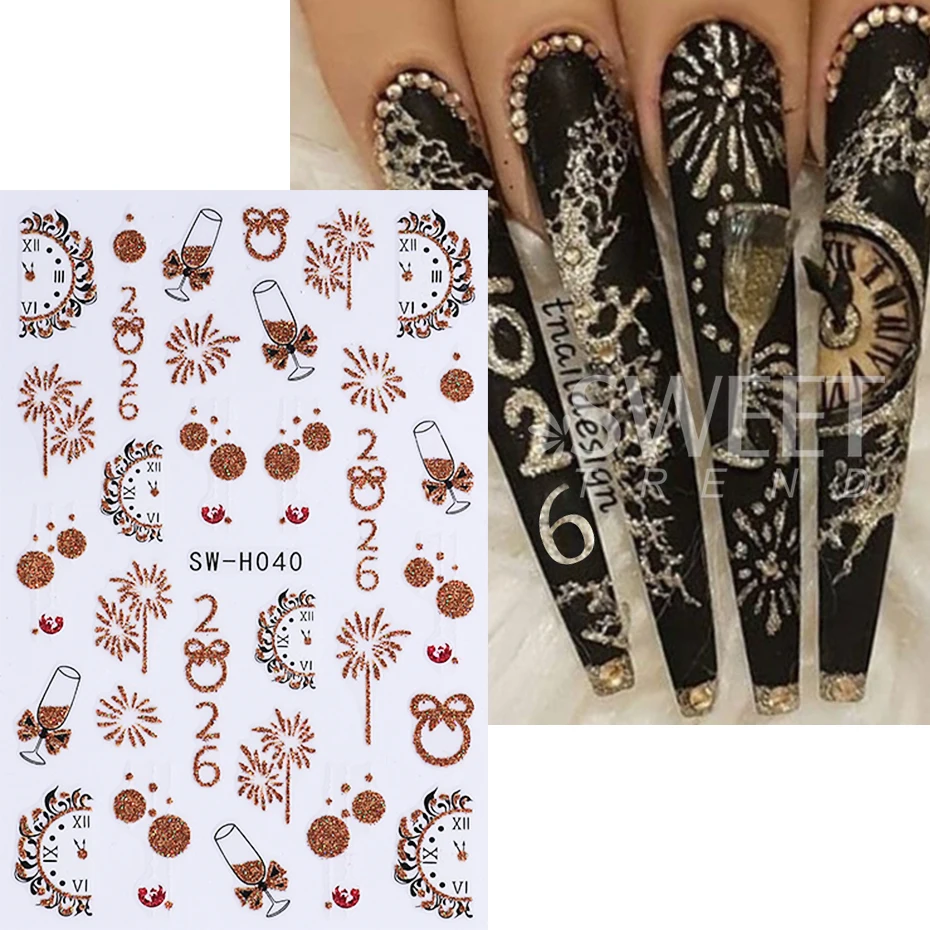 2/3 قطعة بريق عيد الميلاد مسمار ملصقات الذهب الألعاب النارية الشمبانيا 2026 ساعة تصميم القوس السنة الجديدة مسمار الشارات مانيكير ديكور المنزلق #3