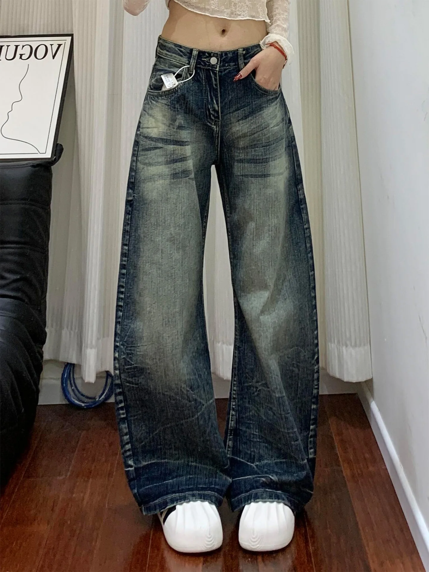 

American Style Slim Fit Vintage Washed Denim Jeans Women's High Waist Straight Leg Wide Leg Casual Spring Summer New Arrival