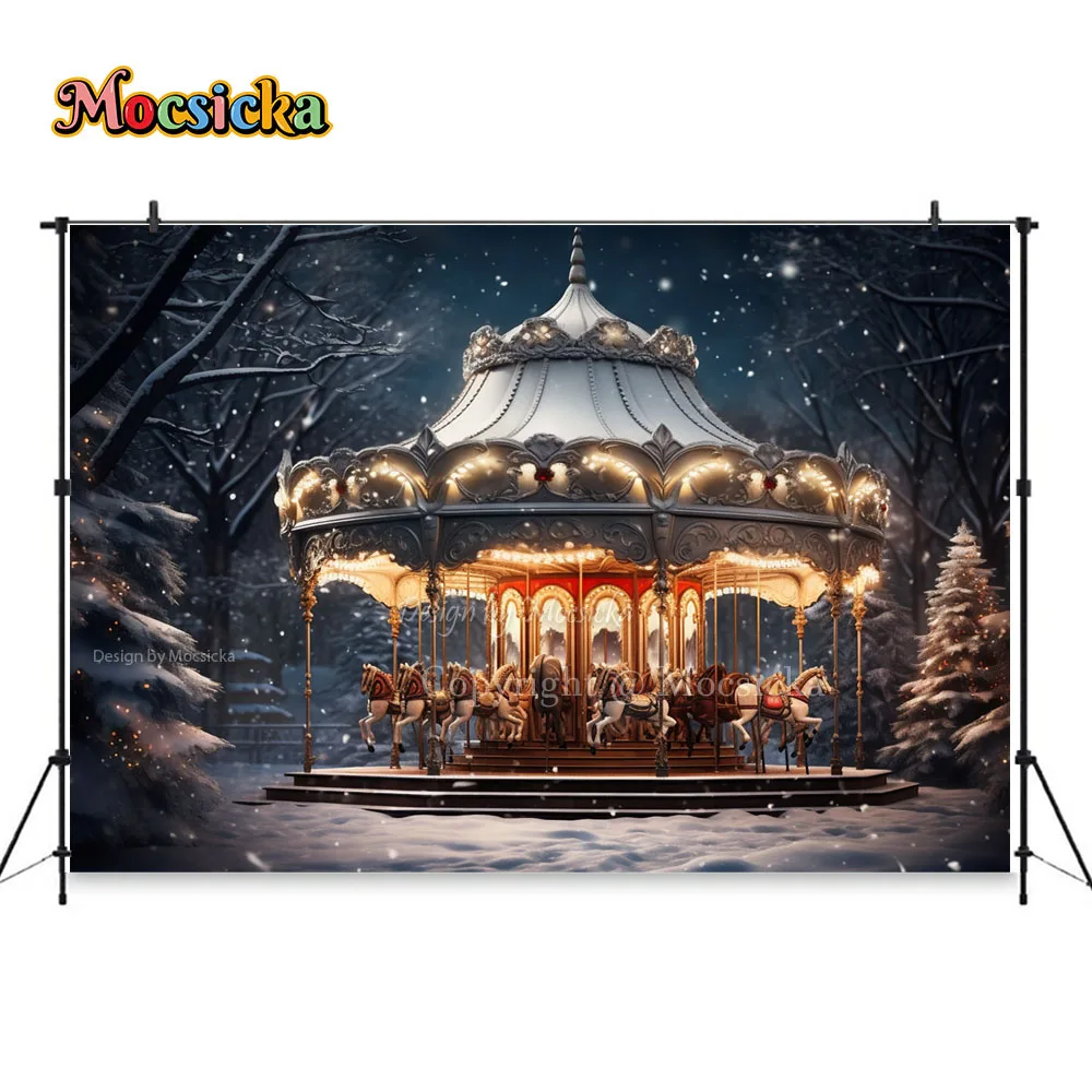 Christmas Carousel Backdrop Photography Prop Winter New Year\'s Eve Snow Forest Background Banner Girl Baby Portrait Photo Studio