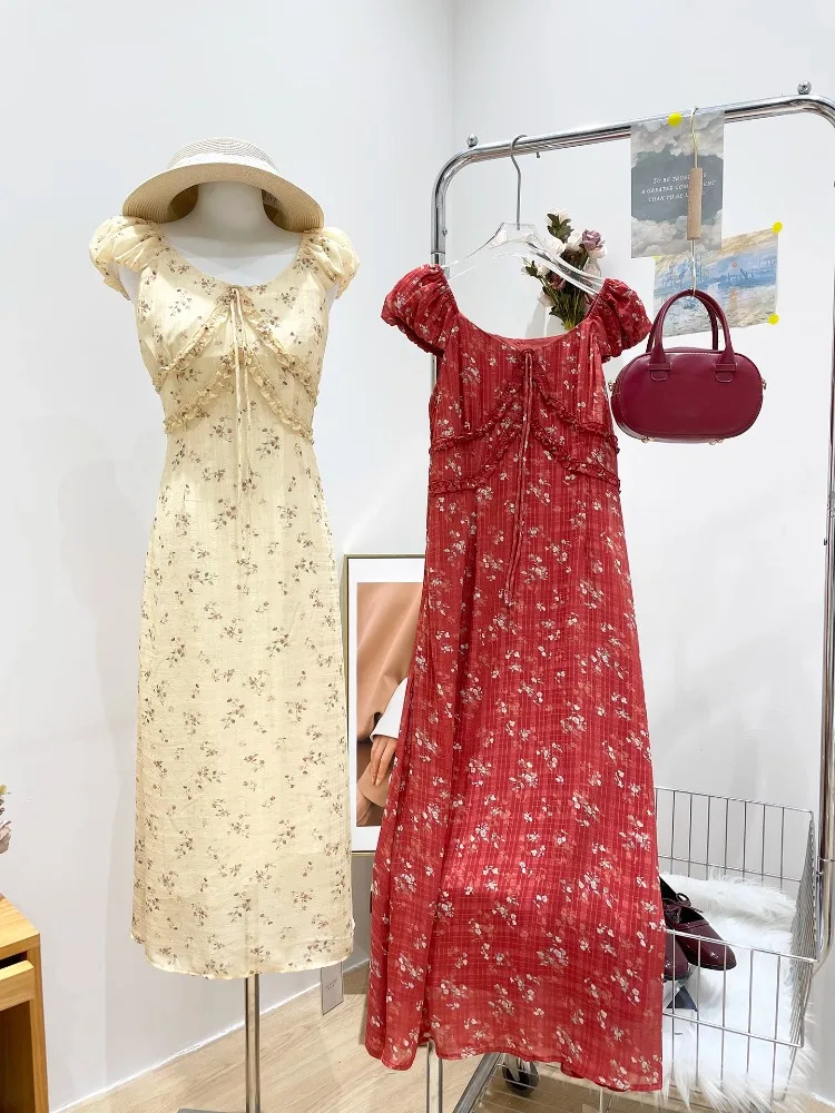 Retro Vintage Korea Japan Stil Mädchen Floral Rot Langes Kleid Sommer Kurzarm Urlaub Niedliche Blume Chiffon Fliege Hemd Kleid