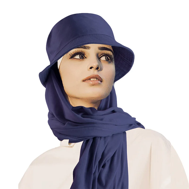 

Women Muslim Hijab Bucket Hat With Attached Scarf Solid Color Soft Breathable Outdoor Sun Protection Daily Casual Headwear