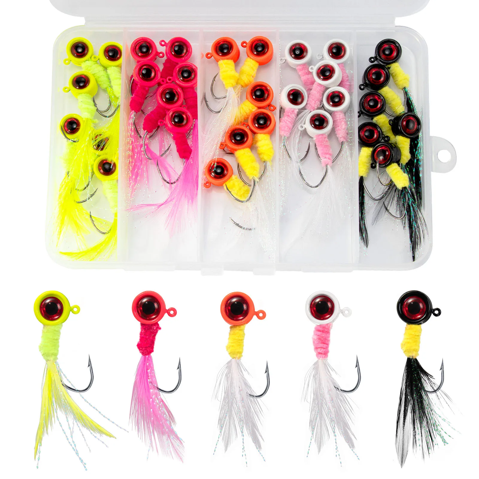 30pcs/box Crappie Jig Head Hook Kit with Feather Round Head Marabou Jig Fishing Hook for Trout Panfish Bass Walleye 0.85g-7g