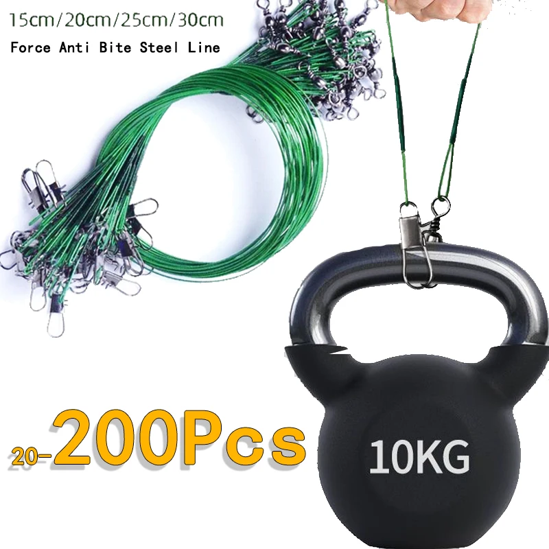 Super forte força de tração anti mordida linha de pesca de aço líder de fio de aço com snaps rotativos fio de chumbo de pesca 200/100/60/20 pces