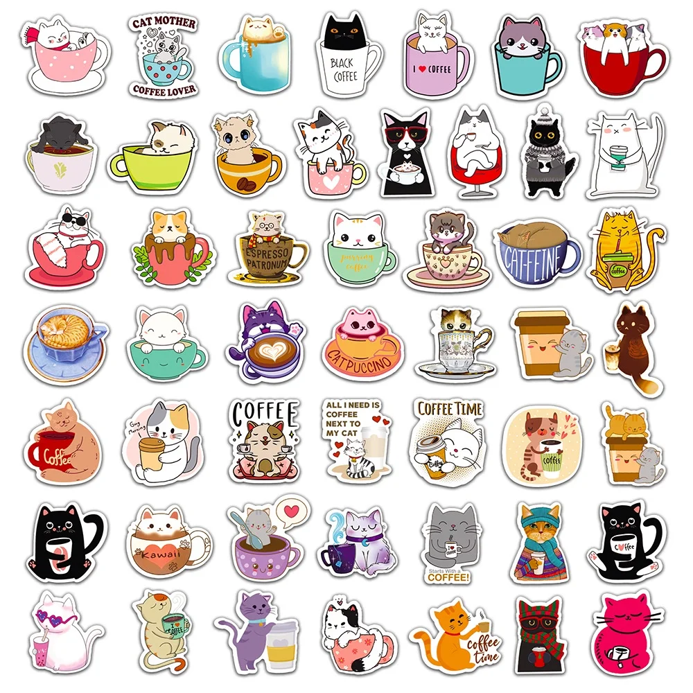 50 Buah/Set Stiker Tahan Air Kucing & Kopi untuk Stiker Helm Ponsel Toko BulingBulingStickers