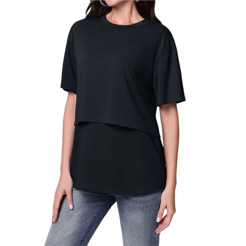 X18A-Women's Maternity Shirts Short Sleeves Tops Double Laye Breastfeeding Tees Pregnancy