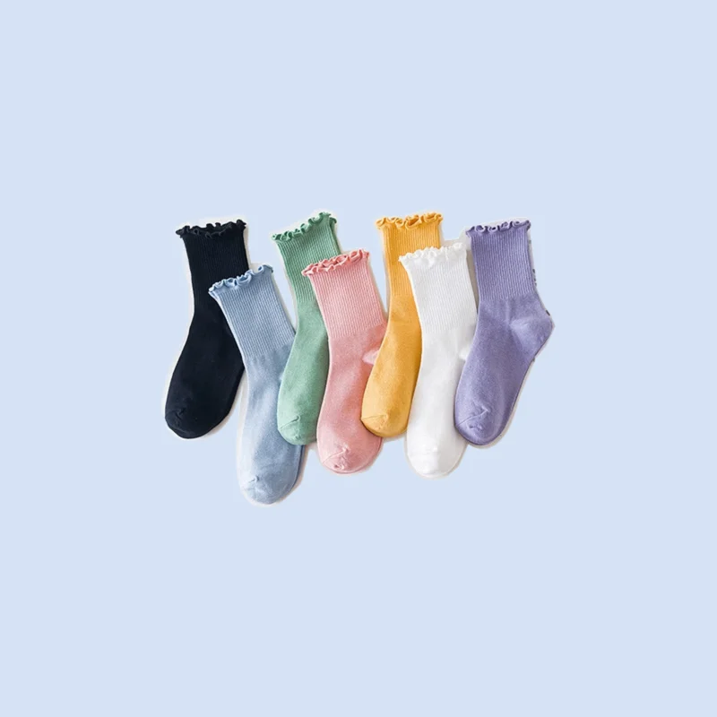 7/14 Pairs 2024 New High Quality Women's Sock Solid Color Lace Tulip Embroidery Women's Cotton Socks Breathable Mid Tube Socks