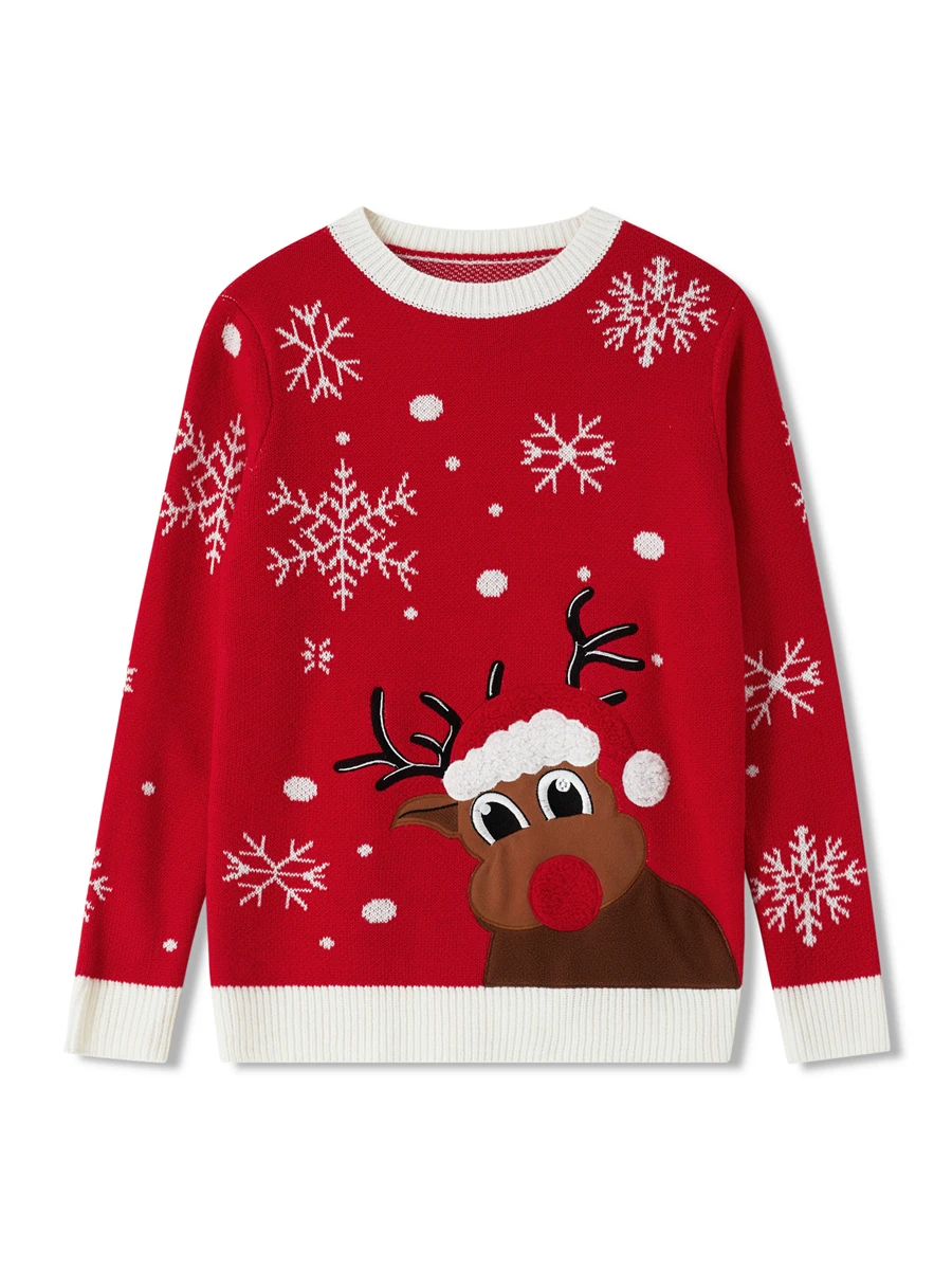 Winter Snowflake Reindeer Patterned Sweater Cozy Crew Neck Long Sleeve Knitwear for Adults Unisex S M L XL XXL XXXL Size