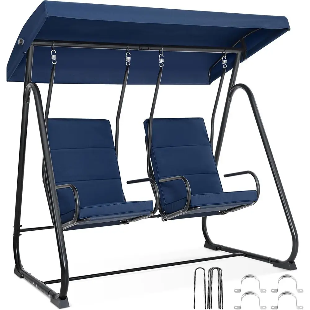 

2-Person Outdoor High-Back Porch Swing Chair, Blue Glider for Backyard or Garden, 4376 (K Blue)