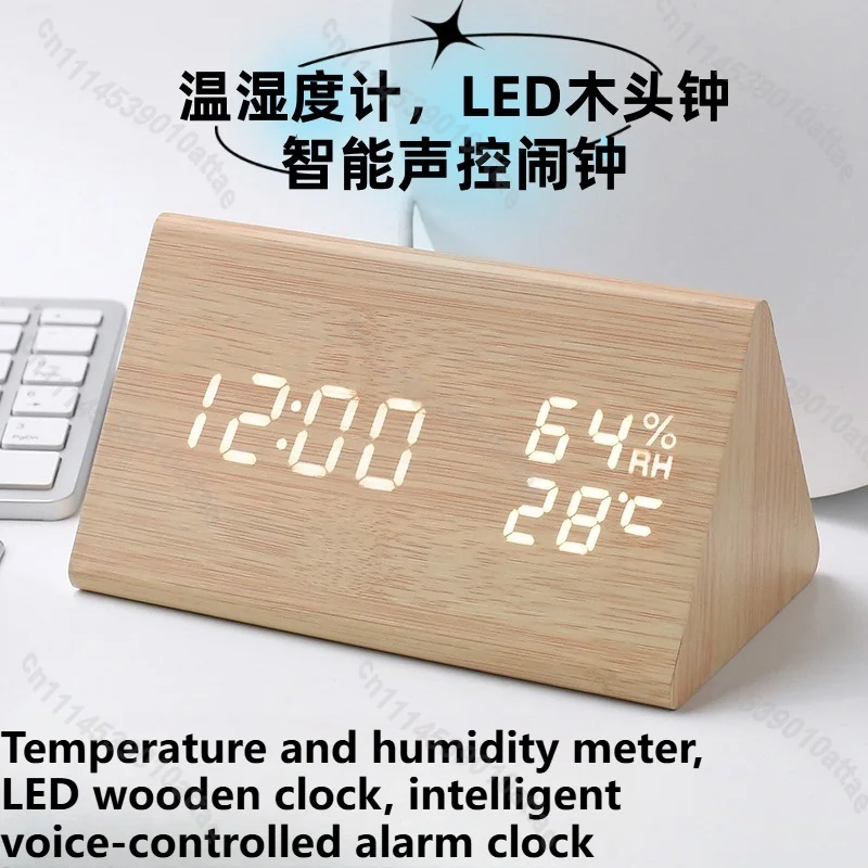 Smart Wooden Clock LED Sound Control Triangle Electronic Digital  Hygrometer Alarm Clock For Bedroom Desk Decor