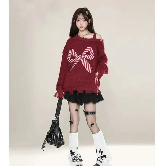 เสื้อไหมพรมเปิดไหล่ผูกโบว์หวานๆ สวมใส่สบาย นุ่มนวล สไตล์นักเรียน  คอลเลคชั่นใหม่ล่าสุดสำหรับฤดูใบไม้ร่วง